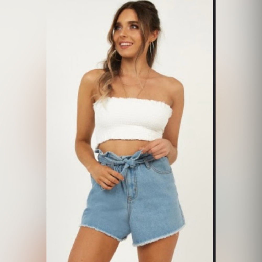 Showpo. denim high waisted tie cut off  shorts